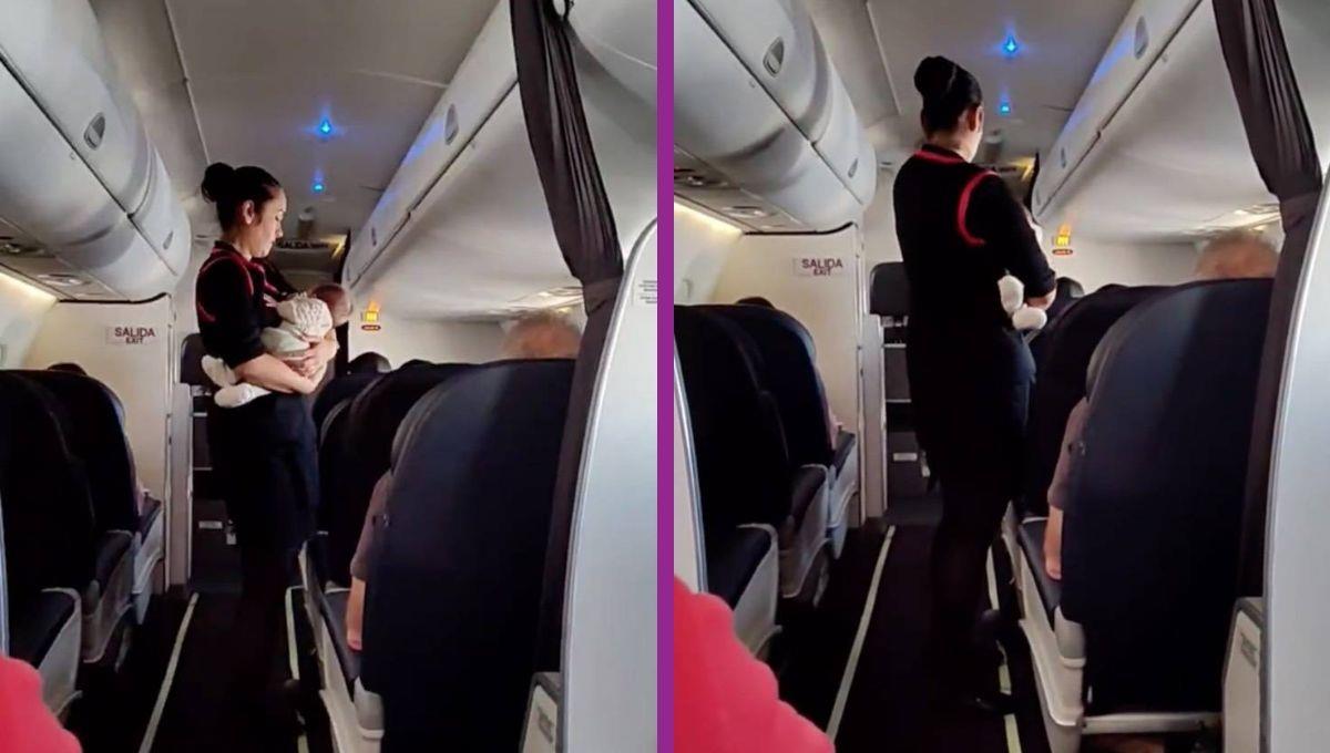 Asistente de vuelo cuida a un bebé dentro del avión mientras su madre iba al baño Asistente de vuelo cuida a un bebé dentro del avión mientras su madre iba al baño