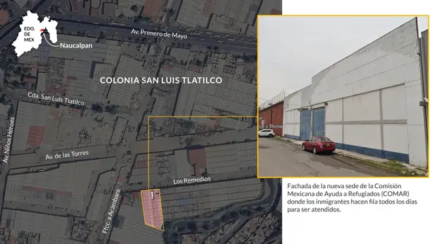 Ubicación de la nueva sede de oficina para trámites de solicitud de refugio en el centro del país. La oficina fue reubicada desde el centro de la Ciudad de México a Naucalpan, Estado de México, tras quejas de vecinos por los campamentos de migrantes alrededor. La falta de supervisión oficial ha permitido que terceros controlen el acceso y vendan turnos para servicios que por ley son gratuitos. / Especial Jhasua Razo. Ubicación de la nueva sede de oficina para trámites de solicitud de refugio en el centro del país. La oficina fue reubicada desde el centro de la Ciudad de México a Naucalpan, Estado de México, tras quejas de vecinos por los campamentos de migrantes alrededor. La falta de supervisión oficial ha permitido que terceros controlen el acceso y vendan turnos para servicios que por ley son gratuitos. / Especial Jhasua Razo.