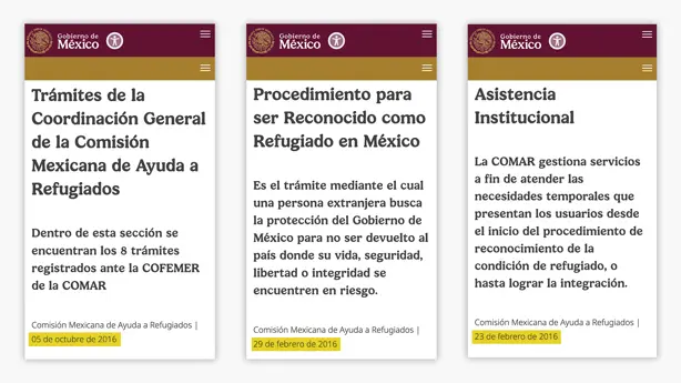 Capturas de pantalla con ejemplos de cómo la página web de la Comisión Mexicana de Ayuda a Refugiados (COMAR) está desactualizada. Hay publicaciones sin actualizar desde hace más de 9 años. En 2016, el año que aparece en las publicaciones, el presidente de México era Enrique Peña Nieto, luego vino el sexenio del presidente Andrés Manuel López Obrador y este 1 de septiembre de 2025 se acaba de cumplir un año del gobierno de Claudia Sheinbaum. / Foto: Especial Jhasua Razo. Capturas de pantalla con ejemplos de cómo la página web de la Comisión Mexicana de Ayuda a Refugiados (COMAR) está desactualizada. Hay publicaciones sin actualizar desde hace más de 9 años. En 2016, el año que aparece en las publicaciones, el presidente de México era Enrique Peña Nieto, luego vino el sexenio del presidente Andrés Manuel López Obrador y este 1 de septiembre de 2025 se acaba de cumplir un año del gobierno de Claudia Sheinbaum. / Foto: Especial Jhasua Razo.